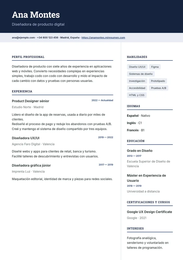 Plantilla de currículum Corporativo: banda superior y dos columnas