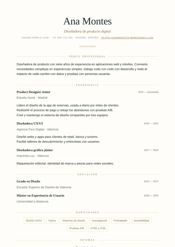 Plantilla de currículum Elegant: clásico, centrado y sereno