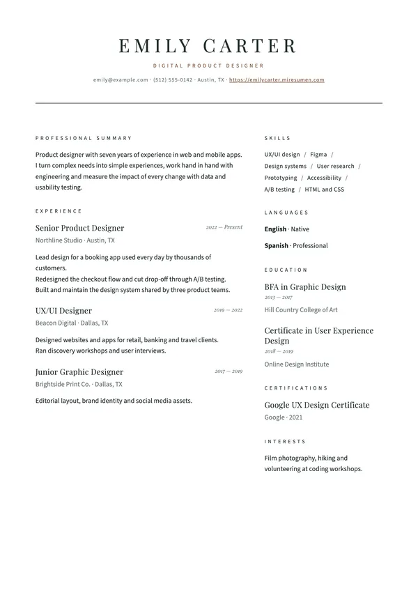 Atelier resume template: spaced capitals and lots of white space