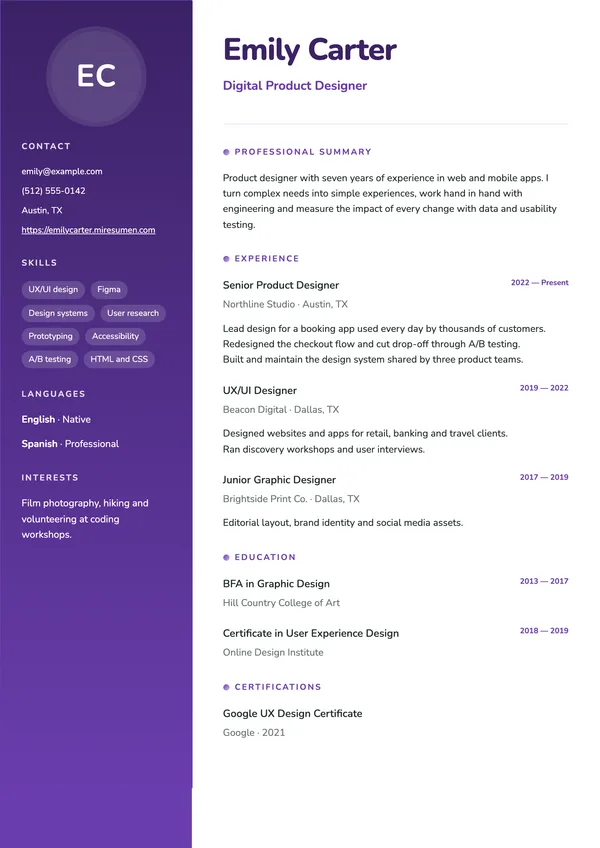 Aurora resume template: sidebar in a purple gradient
