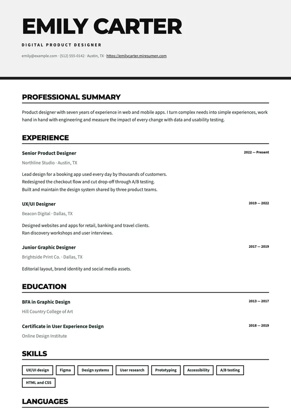 Banner resume template: name in large capitals