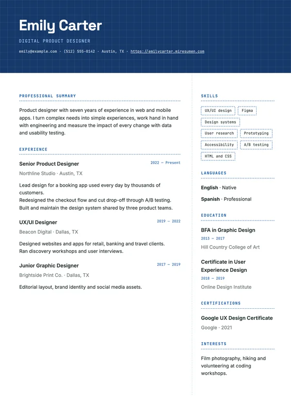 Blueprint resume template: grid header and dashed lines