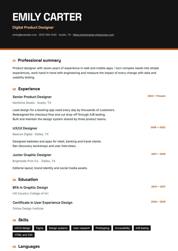 Bold resume template: black with an accent color and numbered sections