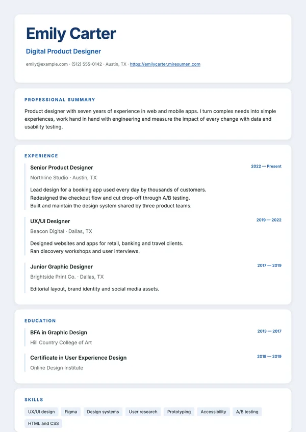 Cards resume template: each section on a card