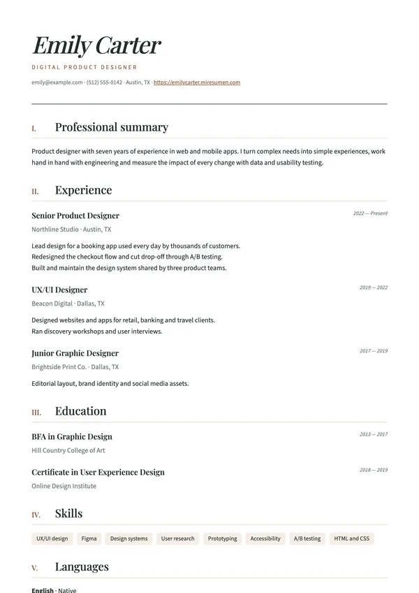 Chapters resume template: sections numbered in roman numerals