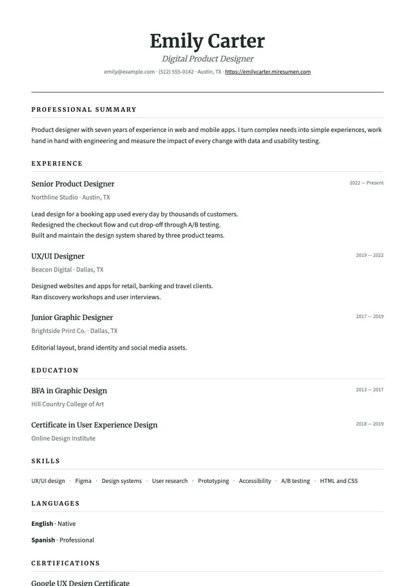 Classic resume template: centered serif, underlined headings