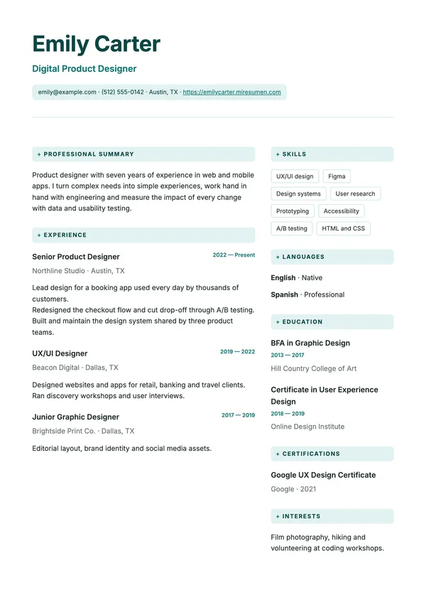 Clinic resume template: clean, in two columns