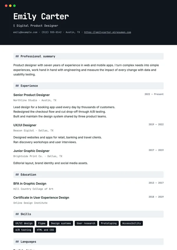 Console resume template: terminal-style header for technical roles