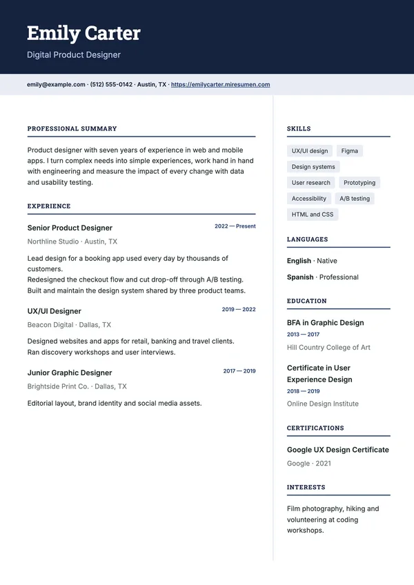 Corporate resume template: top band and two columns