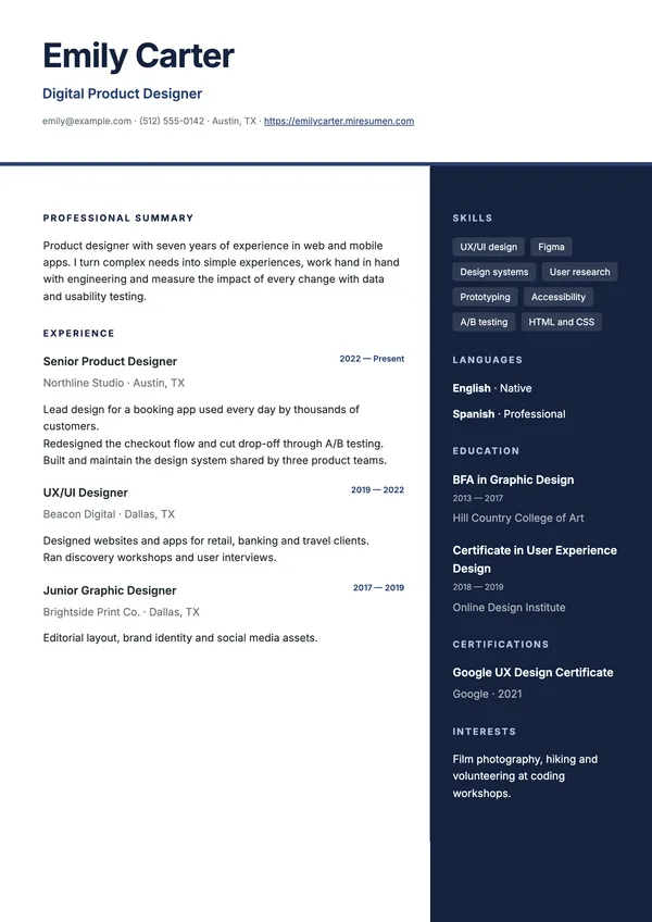 Counterpoint resume template: dark column next to the experience