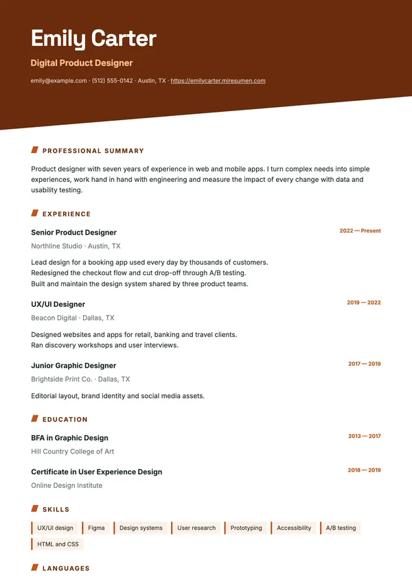 Diagonal resume template: header cut on the diagonal