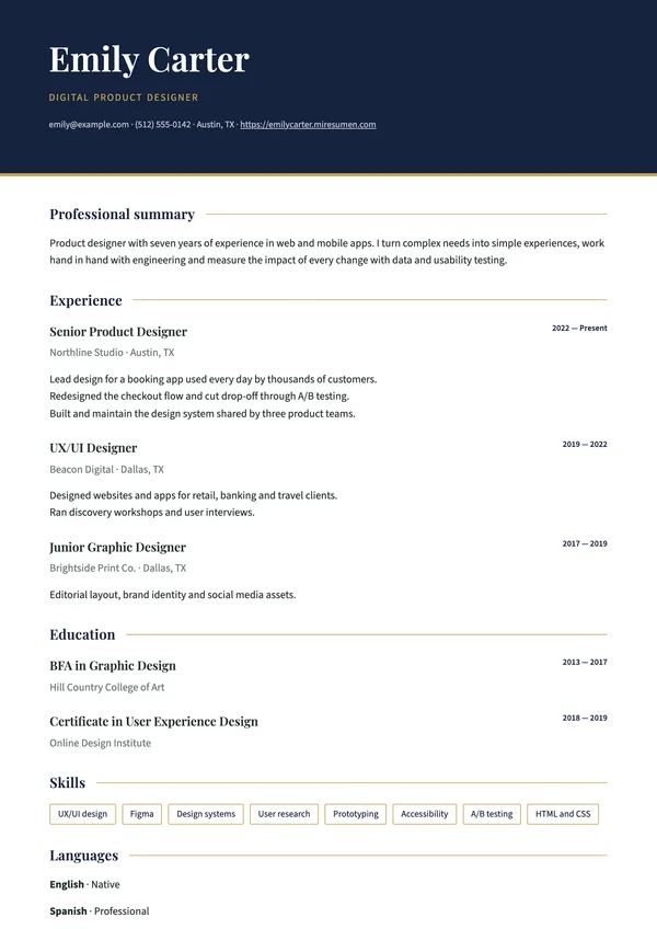 Director resume template: navy band with gold details