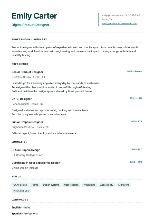 Divided resume template: name and contact details side by side