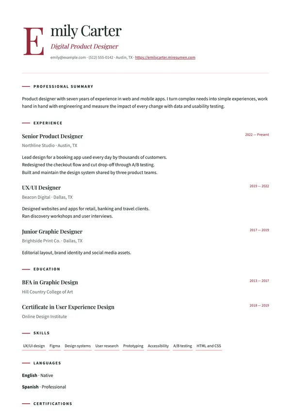 Drop Cap resume template: serif drop cap