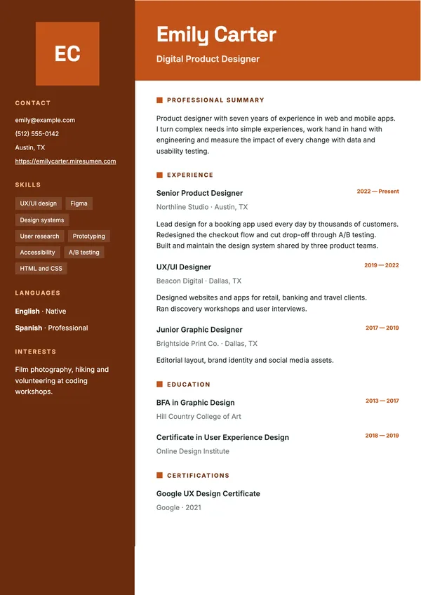 Duo resume template: dark sidebar and color header