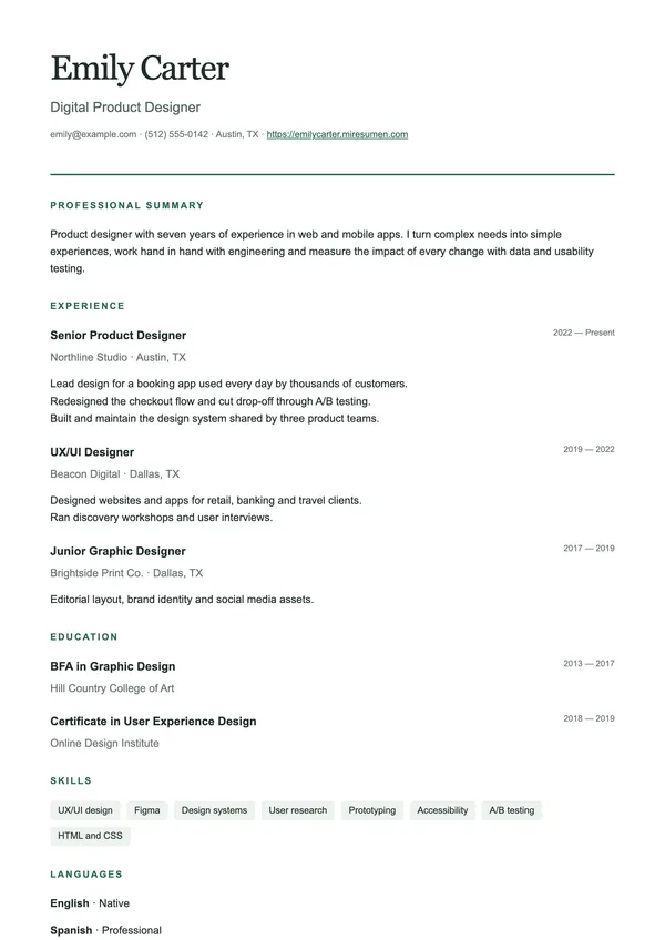 Editorial resume template: classic serif, balanced and understated