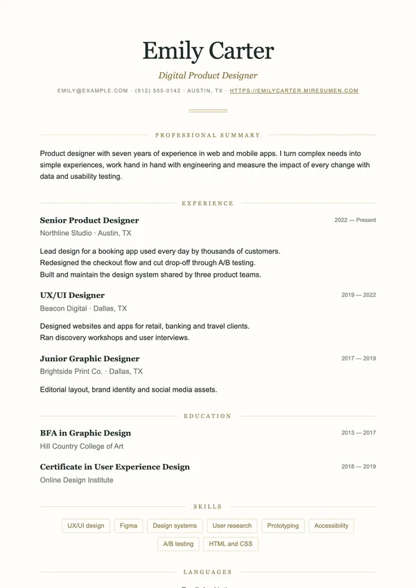Elegant resume template: classic, centered and calm