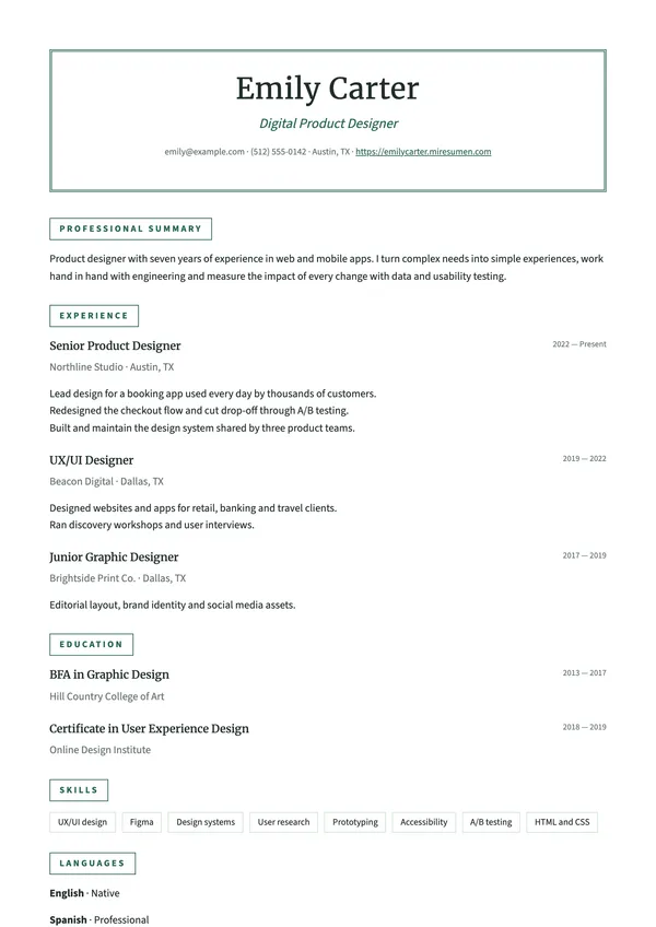Frame resume template: framed header and boxed headings
