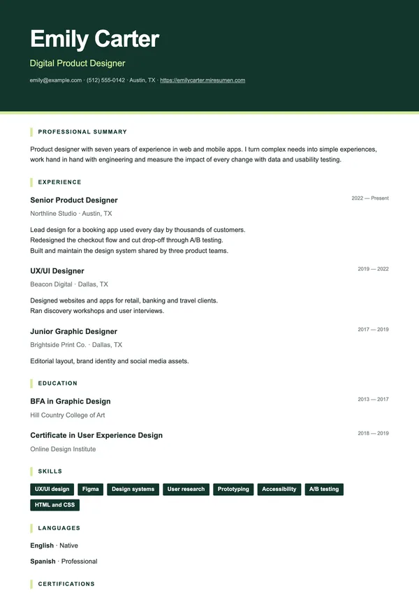 Impact resume template: high-contrast dark header