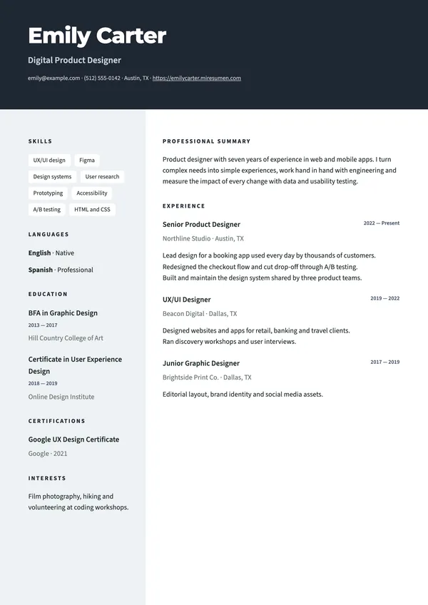 Inverse resume template: details column on the left