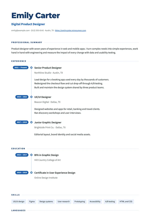 Journey resume template: dates on a timeline