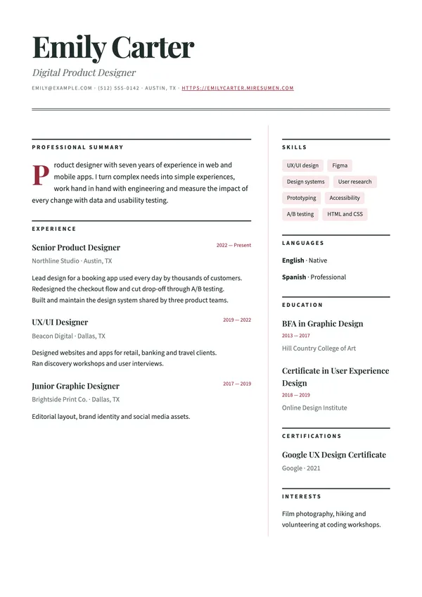 Magazine resume template: two columns under a cover-style headline