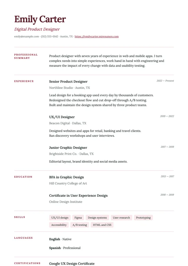 Margin resume template: headings in the margin, lots of white space
