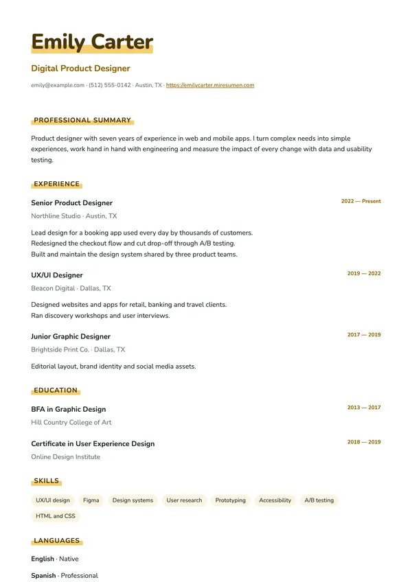 Marker resume template: headings highlighted with a marker