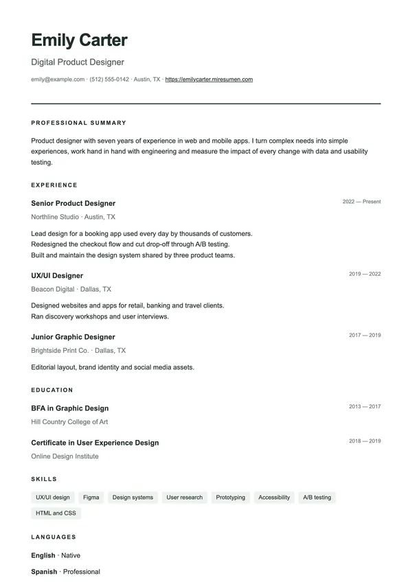 Minimal resume template: sans serif, no frills