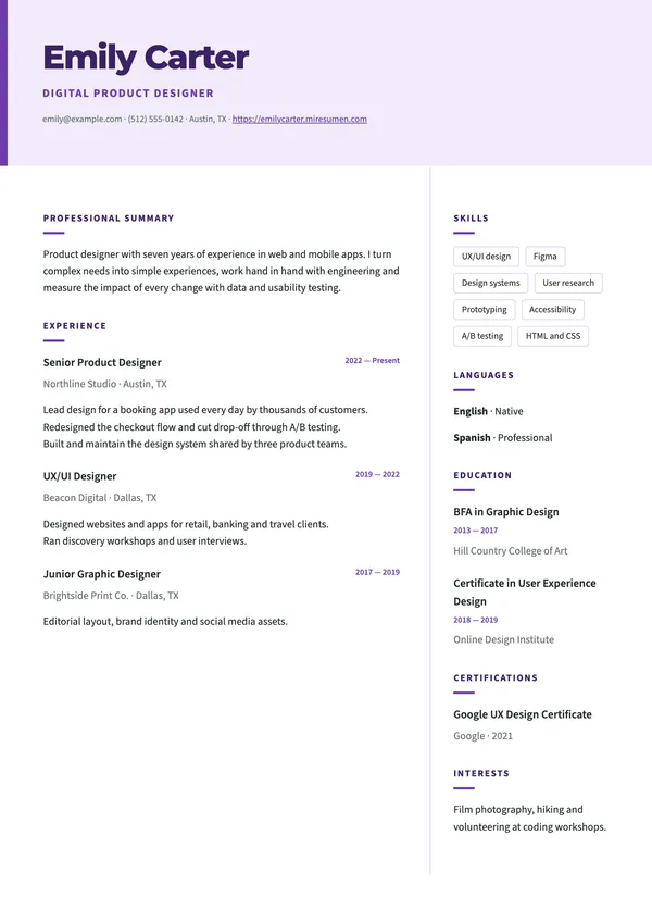 Modern resume template: two columns and a soft header