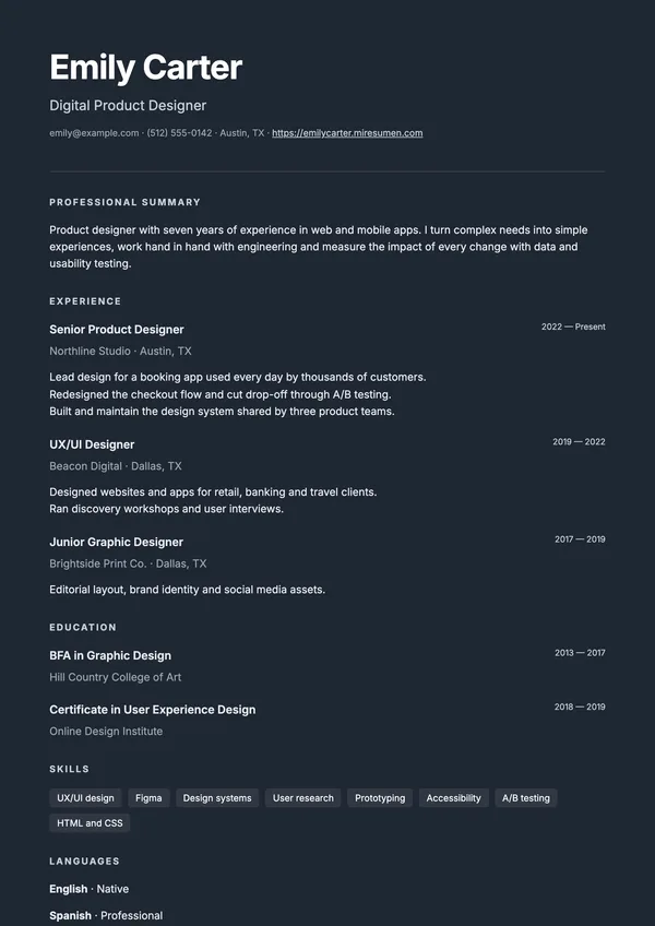 Night resume template: dark background