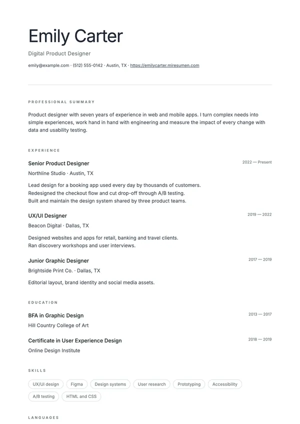 Nordic resume template: lots of white space and fine lines