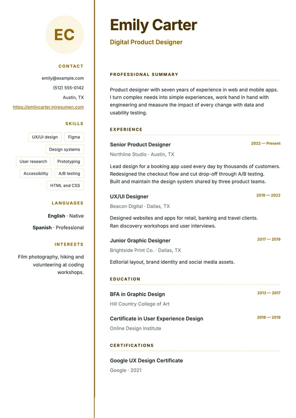 Outline resume template: white sidebar with a line of color