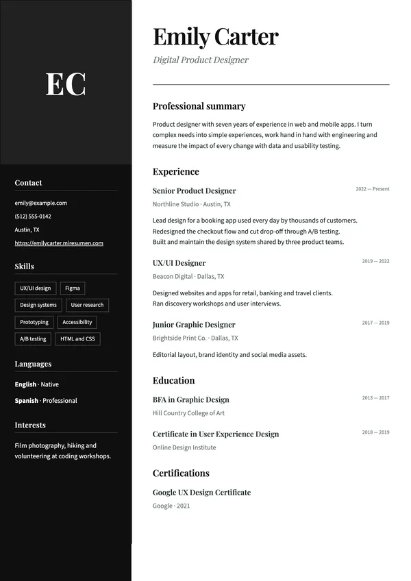 Portrait resume template: large photo in a black sidebar