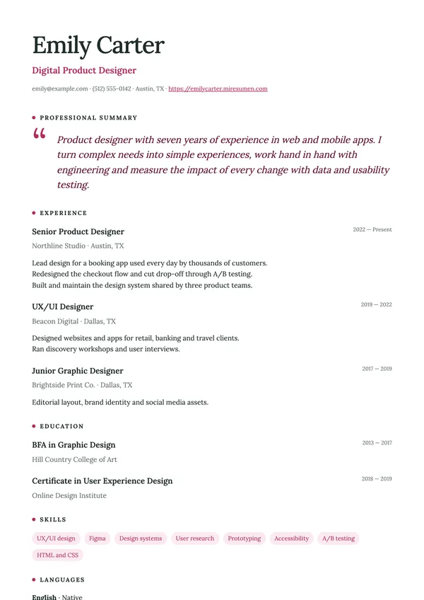 Quote resume template: professional summary as a featured quote