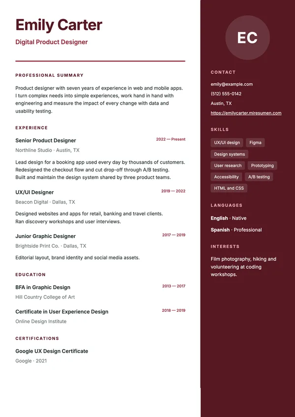 Right Sidebar resume template: dark sidebar on the right