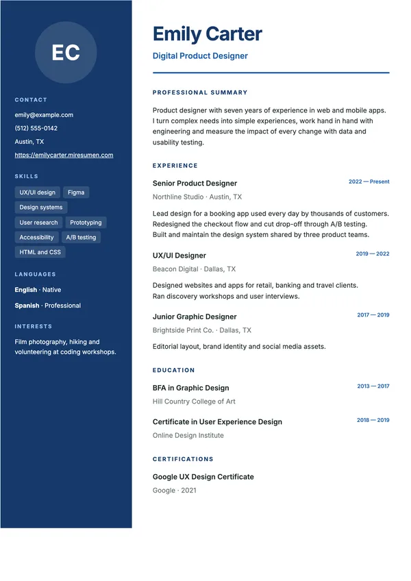 Sidebar resume template: blue sidebar with contact details and skills