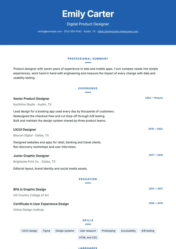 Spotlight resume template: photo centered in the header