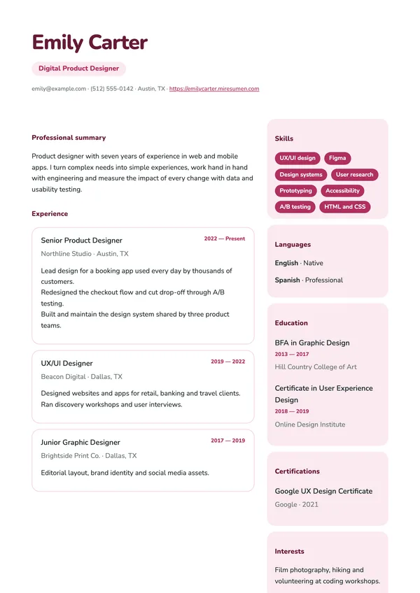 Startup resume template: rounded cards and color