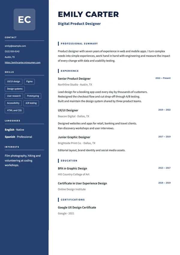 Strip resume template: narrow color sidebar