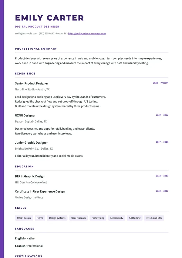 Stripe resume template: a stripe of color down the side