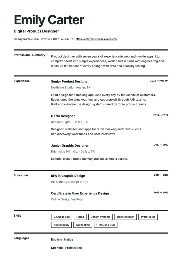 Swiss resume template: strong type, headings in the margin