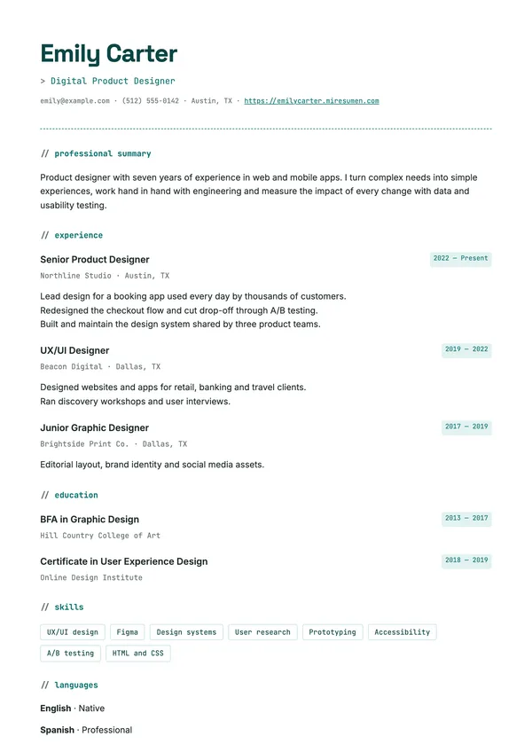 Tech resume template: monospaced details