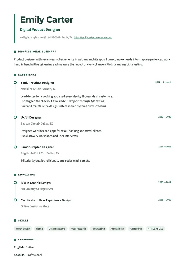 Timeline resume template: career history on a green timeline