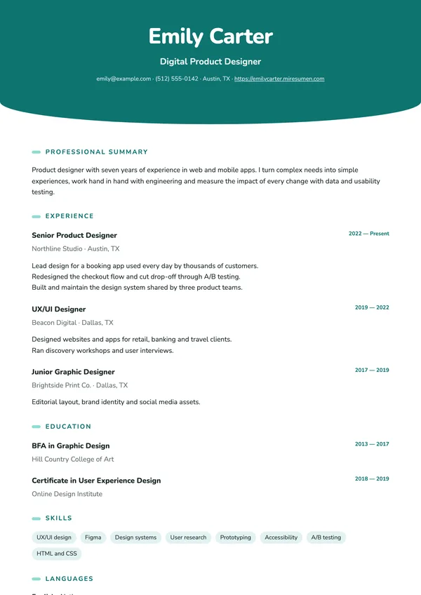 Wave resume template: curved, centered header
