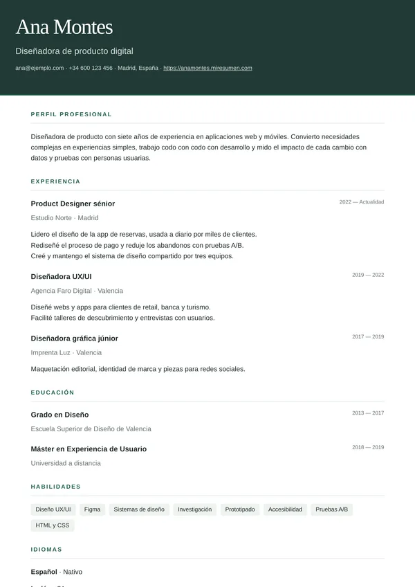 Plantilla de currículum Executive: cabecera en color
