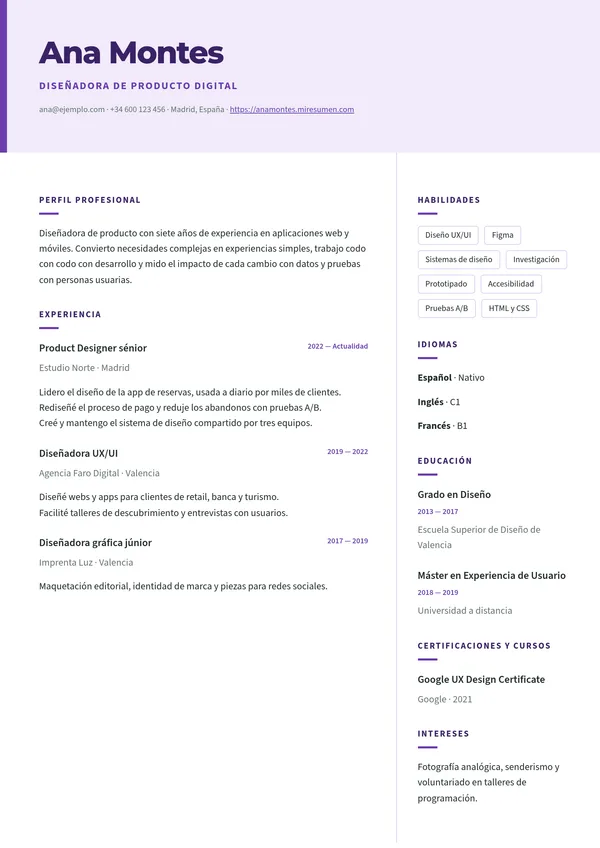 Plantilla de currículum Moderno: dos columnas y cabecera suave